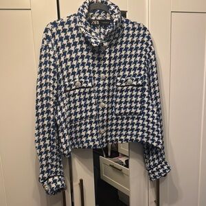 Zara Navy and White Houndstooth Jacket